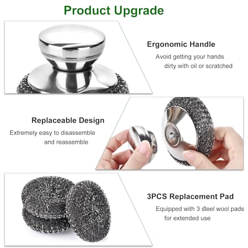 Fiwimtu 4PCS Steel Wool Scrubber Pads, Stainless Steel Scrubber Set with 3Pcs Steel Wool Pads, Steel Scrubber for Dishes, Ideal for Cleaning Cast Iron, Pots, Pans, Grills, Stoves, Sink, Kitchen Household - Image 3