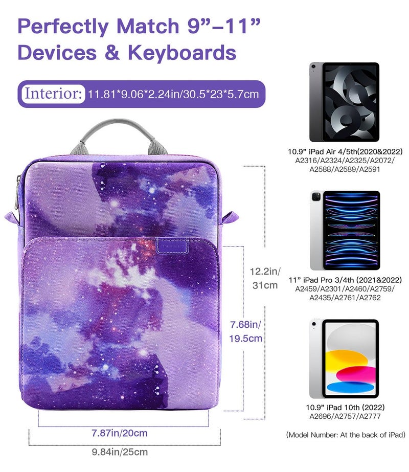 MoKo 9-11 Inch Tablet Sleeve Bag Handle Carrying Case with Shoulder Strap Fits 11inch iPad Air M3, iPad A16 2025, iPadPro 11", iPad109/8/7th Gen 10.2, Air 5/4th 10.9, Tab S8/S9 11",Purple Starry - Image 2