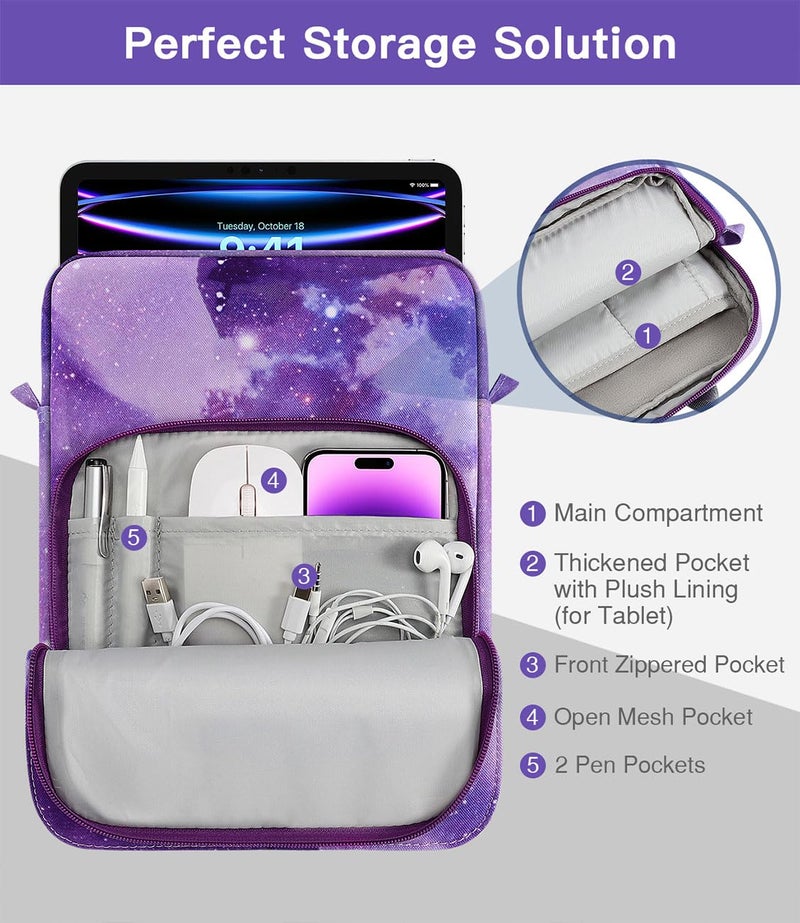 MoKo 9-11 Inch Tablet Sleeve Bag Handle Carrying Case with Shoulder Strap Fits 11inch iPad Air M3, iPad A16 2025, iPadPro 11", iPad109/8/7th Gen 10.2, Air 5/4th 10.9, Tab S8/S9 11",Purple Starry - Image 5