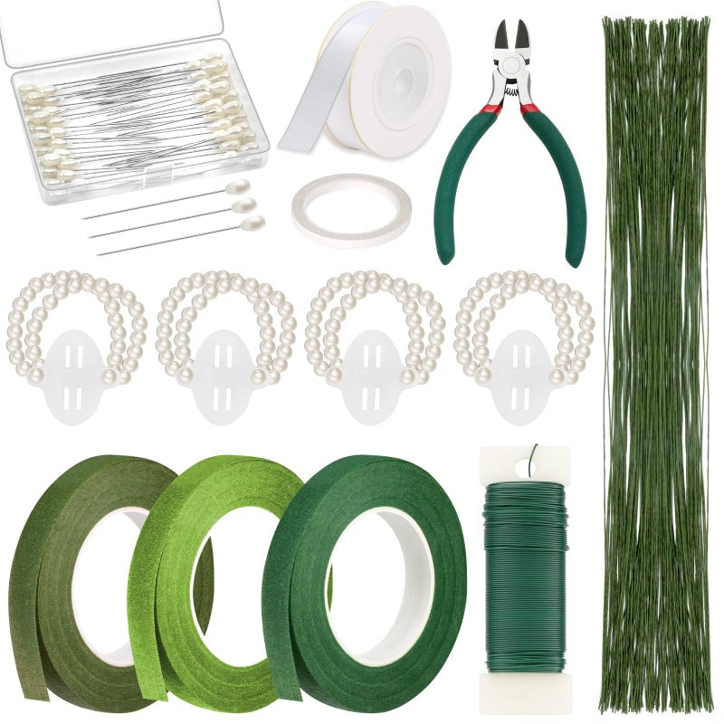 Paxcoo Floral Tape and Floral Wire Arrangement Tool Kit with Green Tape, Floral Wire, Boutonniere Flower pin, Cutter, White Ribbon and Elastic Pearl Wrist Corsage Bands for Bouquets - Image 1