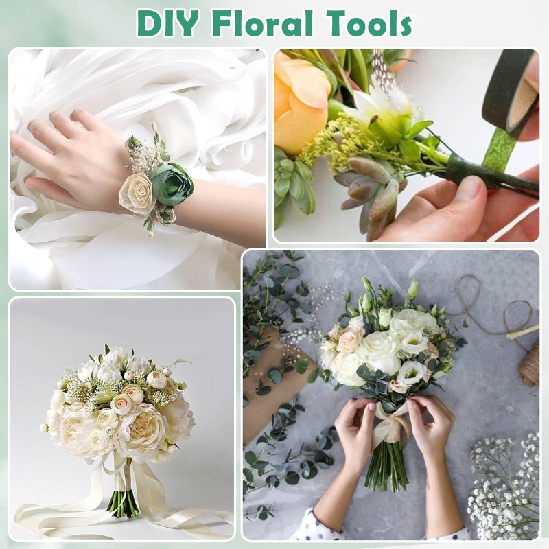 Paxcoo Floral Tape and Floral Wire Arrangement Tool Kit with Green Tape, Floral Wire, Boutonniere Flower pin, Cutter, White Ribbon and Elastic Pearl Wrist Corsage Bands for Bouquets - Image 2