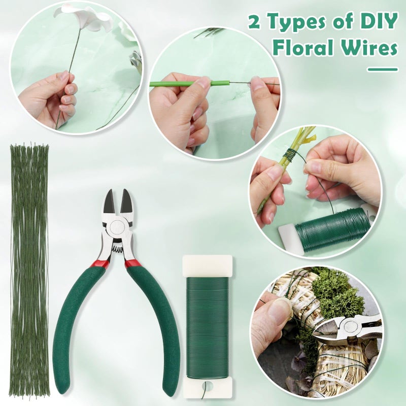 Paxcoo Floral Tape and Floral Wire Arrangement Tool Kit with Green Tape, Floral Wire, Boutonniere Flower pin, Cutter, White Ribbon and Elastic Pearl Wrist Corsage Bands for Bouquets - Image 3