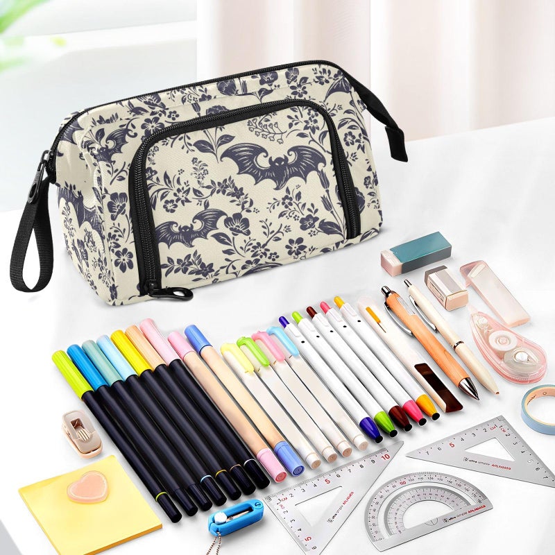 PJGINUIUA Big Capacity Pencil Pen Case for Adults, Goth Bats Pencil Bags Portable Makeup Bag Stationery Storage for Men Women College Office - Image 2