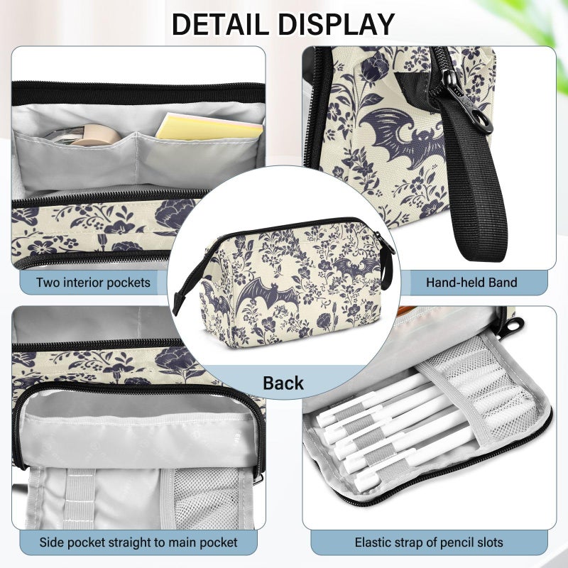 PJGINUIUA Big Capacity Pencil Pen Case for Adults, Goth Bats Pencil Bags Portable Makeup Bag Stationery Storage for Men Women College Office - Image 4