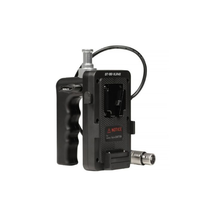 Nanlite BT-BG-XLR4IIV battery grip with a 4-pin XLR connector. It features a non-slip design that ensures a comfortable and stable grip. - Image 1
