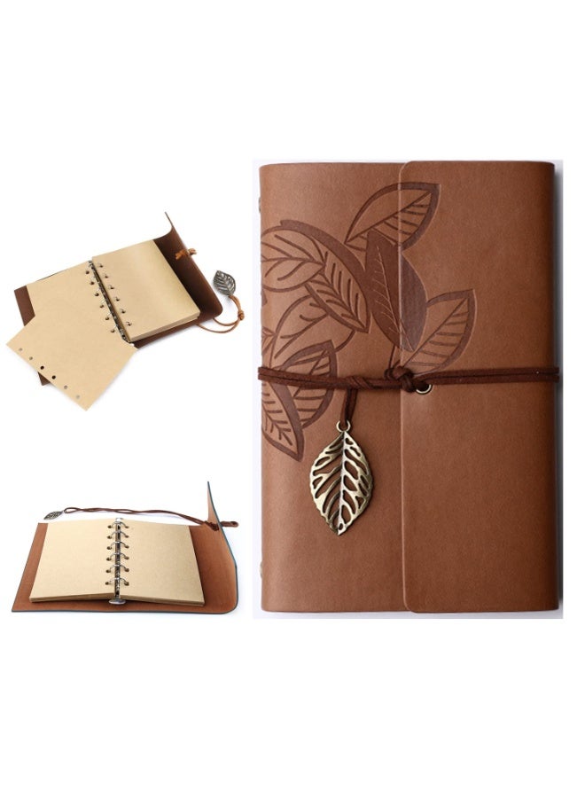 Relex Vintage Leather Notebook, Retro Writing Journal Diary Pu Leather Cover, Leaf Pattern Spiral Blank String Daily Notepad, Art Sketchbook, Retro Pendants, Classic Embossed, Loose Leaf (Brown) - Image 1
