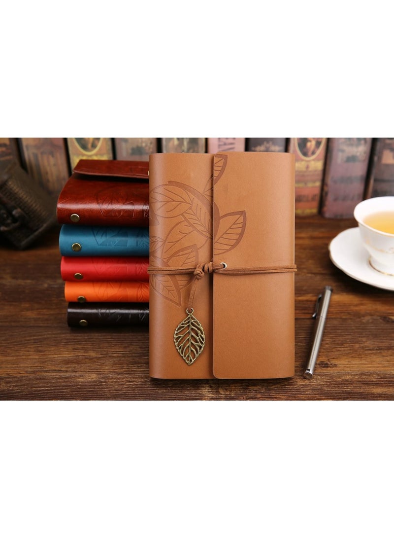 Relex Vintage Leather Notebook, Retro Writing Journal Diary Pu Leather Cover, Leaf Pattern Spiral Blank String Daily Notepad, Art Sketchbook, Retro Pendants, Classic Embossed, Loose Leaf (Brown) - Image 2