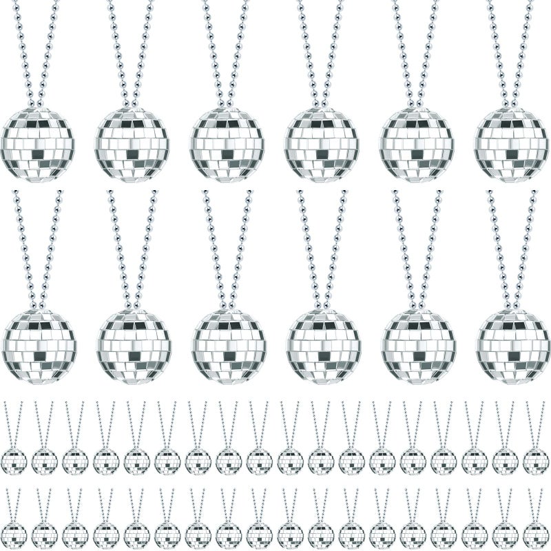 Junkin 48 Pieces Mirror Disco Ball Necklaces 70s Disco Party Favors Halloween Mini Balls Decoration157 Inch Stage Props Accessories Festivals Party Favor SuppliesSilver