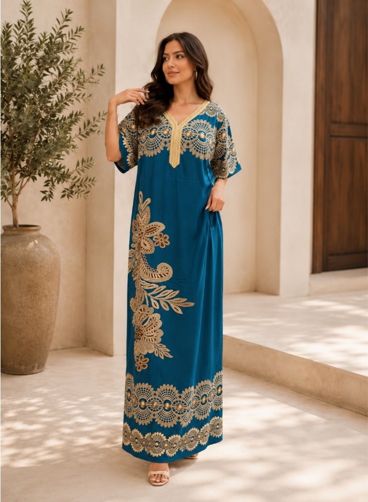 Comfort Women Blue Embroidered Maxi Ramadan Jalabiya with Premium Traditional Finish - Image 1