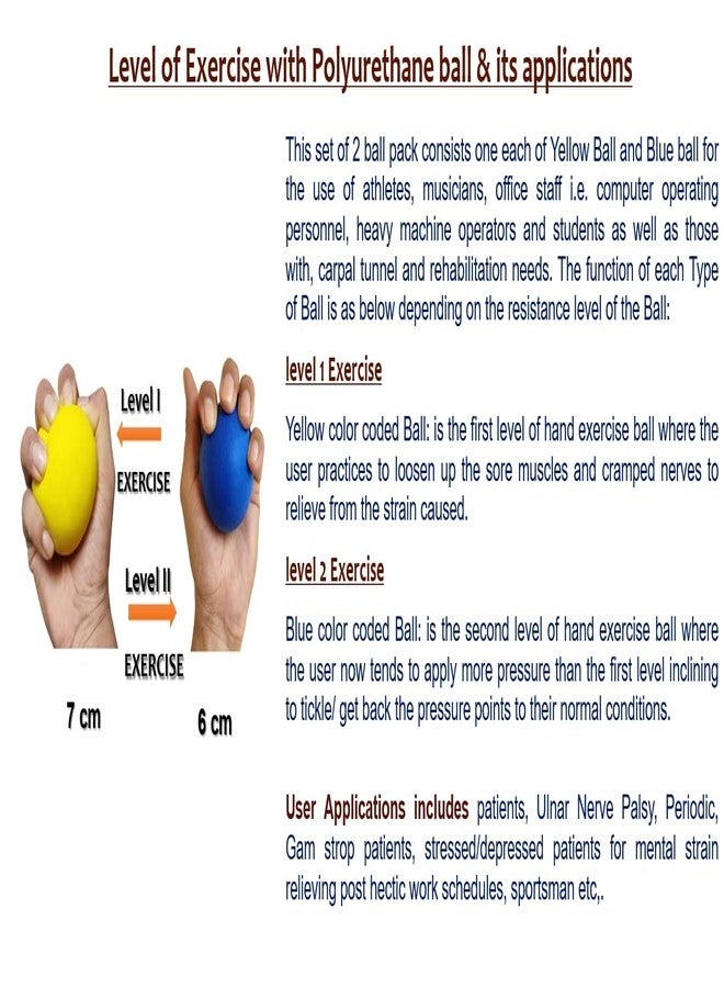 SREE FOAMS كرة تمارين يدوية للعلاج الطبيعي (أصفر 7 سم، أزرق 6 سم) / كرة بولي يوريثان ناعمة غير لاصقة / كرة يوغا للتدليك وتمارين تقوية الأصابع والمعصم واليد، وإعادة التأهيل، وتخفيف آلام التهاب المفاصل - Image 2