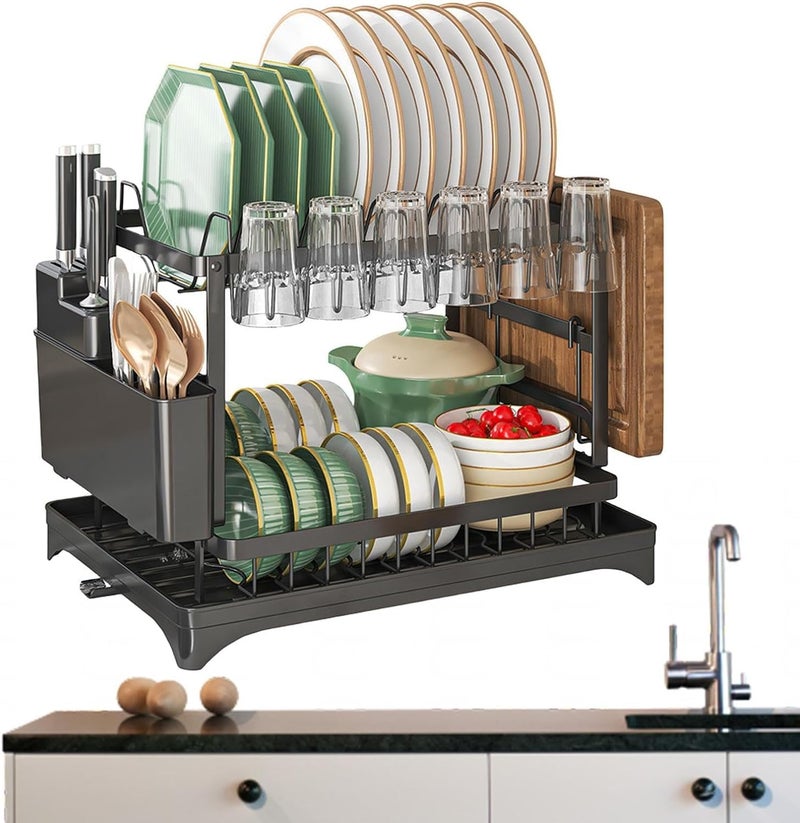 YHK TRADEMART YHK Dish Drainer with Dish Tray 5in1 Dish Dryer TwoStep Dish Organiser with Cup Holder Utensil Holder and Chopping Board Holder Over The Sink Kitchen Tableware Stand - Image 1