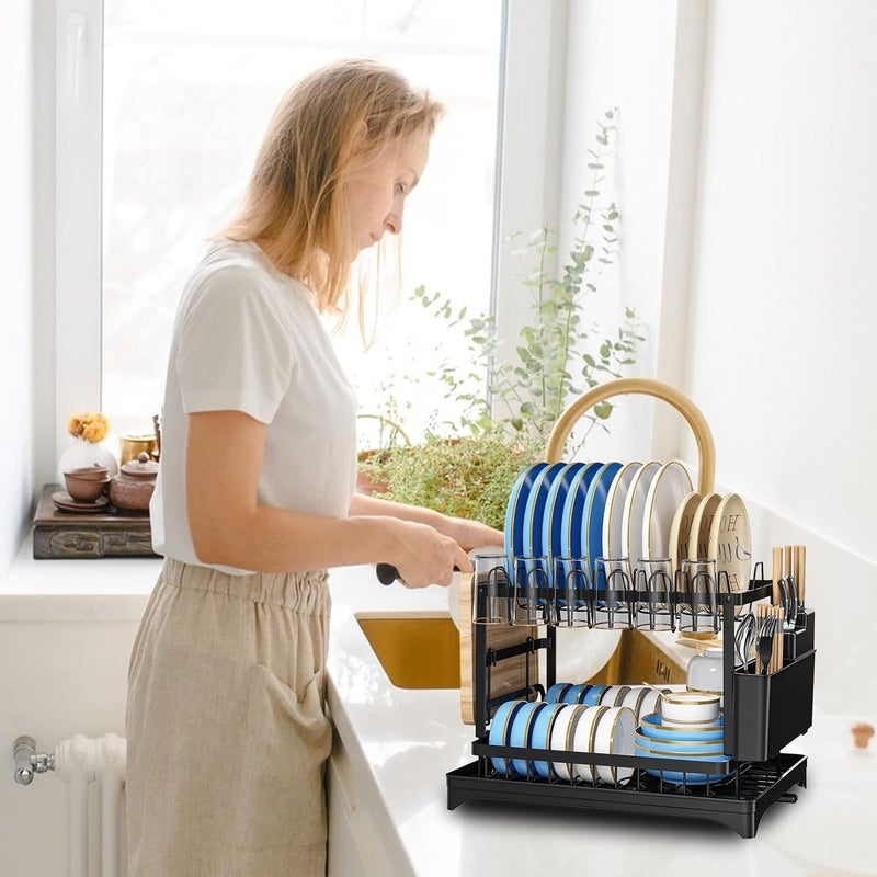 YHK TRADEMART YHK Dish Drainer with Dish Tray 5in1 Dish Dryer TwoStep Dish Organiser with Cup Holder Utensil Holder and Chopping Board Holder Over The Sink Kitchen Tableware Stand - Image 3