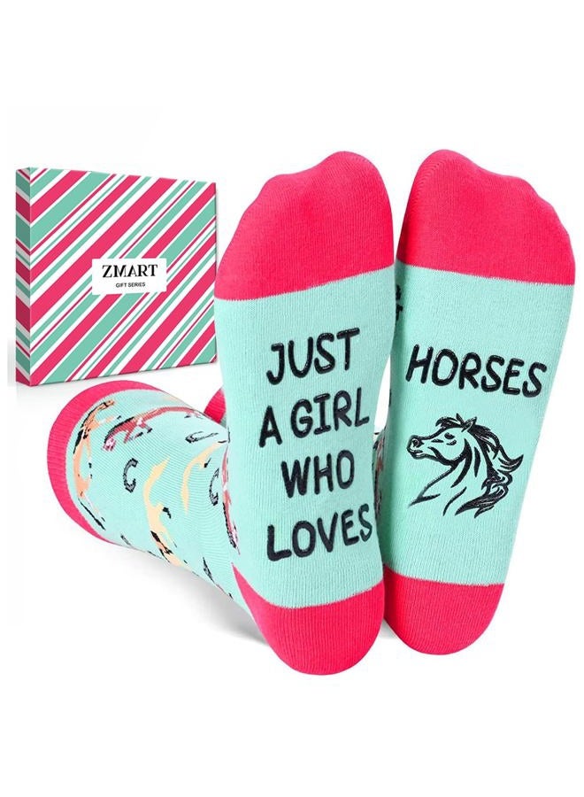 Zmart Funny Animal Socks for Women - Horse Cow Gifts, Pig Goat Duck Chicken Socks for Teens, Just Loves Horses Blue, M - Image 1