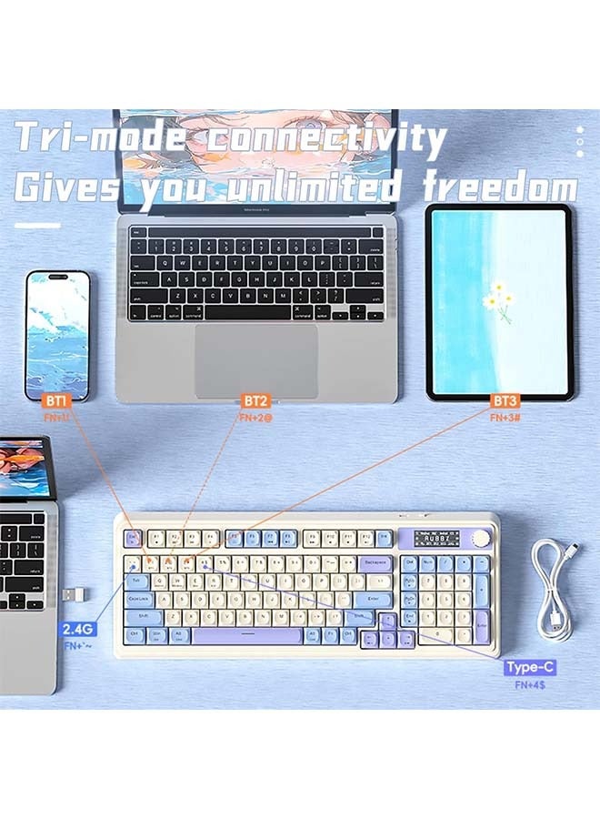 أولا لوحة مفاتيح AULA S99 Pro، لوحة مفاتيح ألعاب لطيفة بلون كريمي مع شاشة ذكية بلوحة أرقام، ولوحة مفاتيح كمبيوتر ثلاثية الأوضاع بتقنية بلوتوث/2.4 جيجاهرتز/USB-C، ومقبض وسائط مخصص بإضاءة RGB ميكانيكية لأجهزة ماك وإكس بوكس ​​والكمبيوتر الشخصي - أرجواني - Image 5