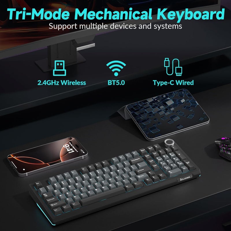 SOLAKAKA KI99 Pro Wireless Mechanical Keyboard with Quiet Switch, Hot Swappable Pre-Lubed Switches with RGB Backlit, Gasket Structure Computer Gaming Keyboard (BlackBlue, Silent Switch) - Image 3