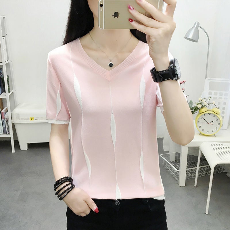 100kg Wearable Ice Silk Short Sleeve T-Shirt for Women, Korean Version, Loose and Slimming Summer Top, Plus Size Thin Base Knit Shirt - Image 5