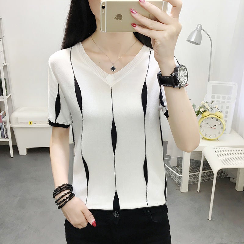 100kg Wearable Ice Silk Short Sleeve T-Shirt for Women, Korean Version, Loose and Slimming Summer Top, Plus Size Thin Base Knit Shirt - Image 3