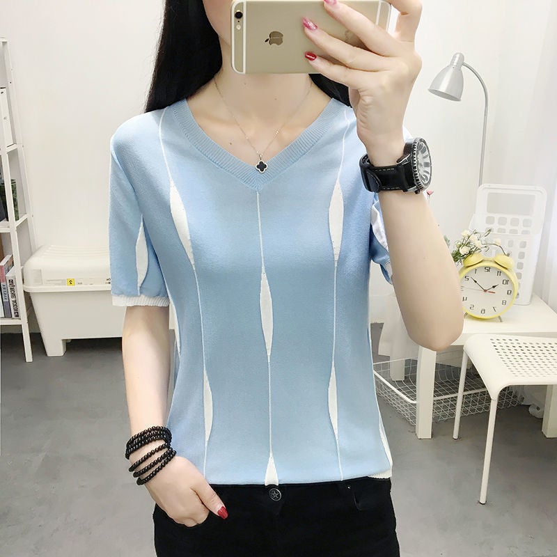100kg Wearable Ice Silk Short Sleeve T-Shirt for Women, Korean Version, Loose and Slimming Summer Top, Plus Size Thin Base Knit Shirt - Image 4