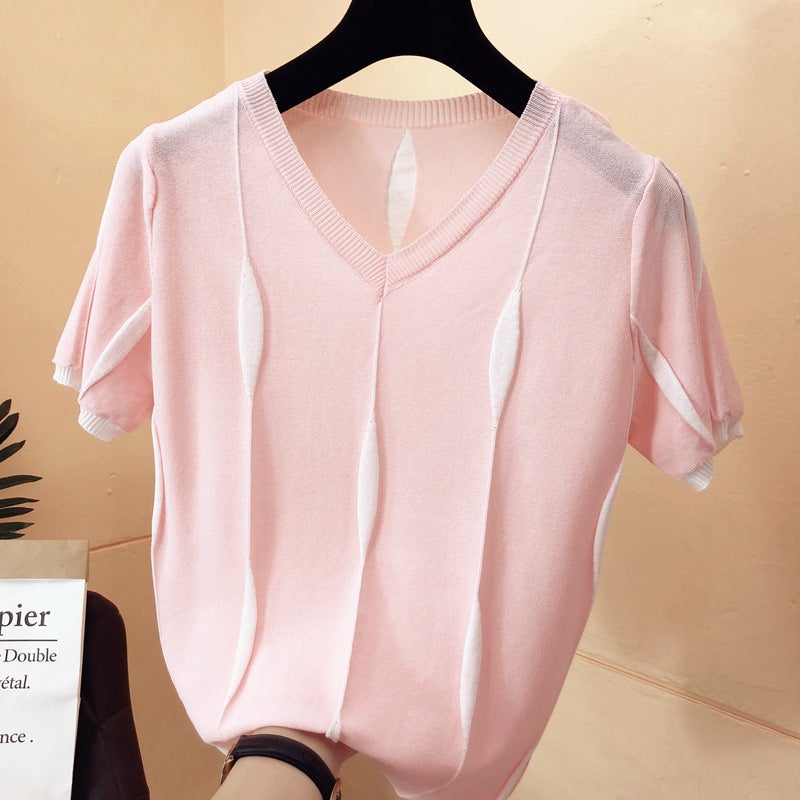 100kg Wearable Ice Silk Short Sleeve T-Shirt for Women, Korean Version, Loose and Slimming Summer Top, Plus Size Thin Base Knit Shirt - Image 1