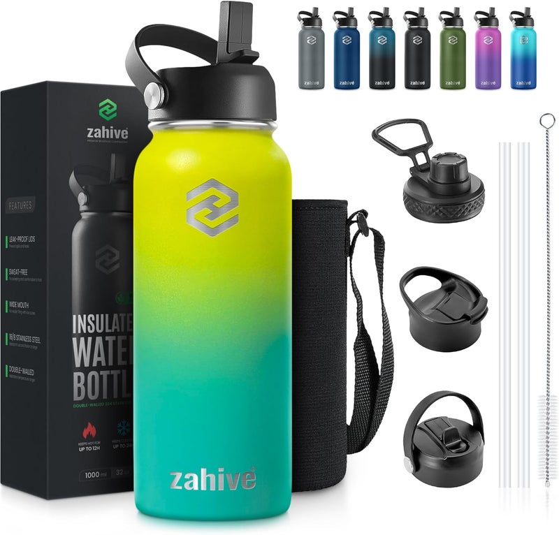 Zahive Insulated Water Bottle 1l with 3 Lids & Bag - Stainless Steel Water Bottle with Straw - 1000ml Double Wall Flask for Gym, Travel, Hot & Cold Drinks - Leak Proof (1 Liter, Yellow Green) - Image 1