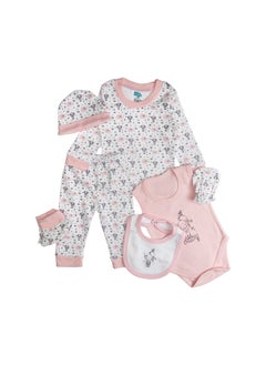 Babies Basic 7 Piece Unisex 100% Cotton Set Include Bib, Socks, Mitten, Cap, Romper, Top And Bottom Set, Pink  - Image 2