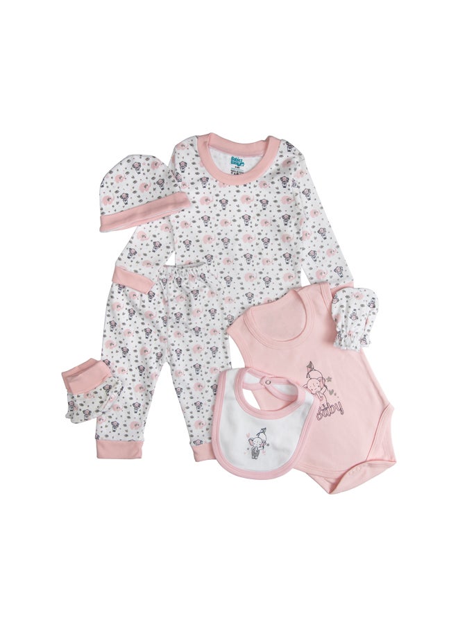 Babies Basic - 7 Piece Unisex 100% Cotton Set Include Bib, Socks, Mitten, Cap, Romper, Top And Bottom Set, Pink - Image 1