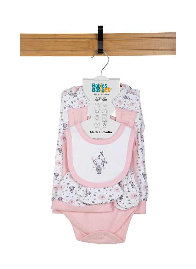 Babies Basic - 7 Piece Unisex 100% Cotton Set Include Bib, Socks, Mitten, Cap, Romper, Top And Bottom Set, Pink - Image 1