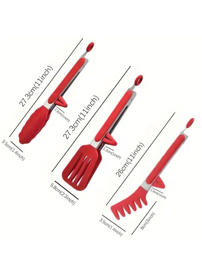 3pcs Stainless Steel Heat Resistant Kitchen Pliers Red With Silicone Tip For Cooking Air Fryer And Non Stick Pan - Image 2