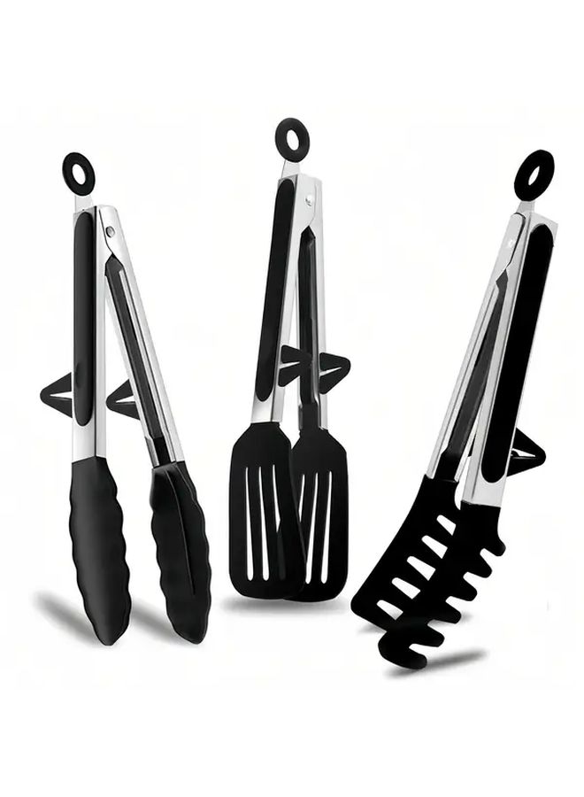 3pcs Stainless Steel Heat Resistant Kitchen Pliers Red With Silicone Tip For Cooking Air Fryer And Non Stick Pan - Image 1