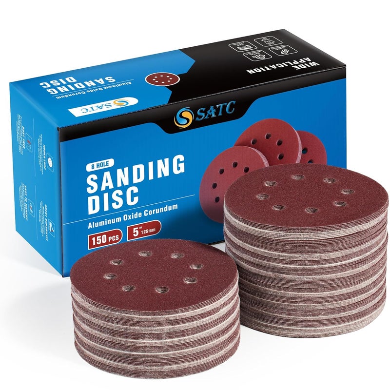 S SATC Sanding Disc 150 PCS 5 Inch 8 Hole Sanding Discs Selected Aluminum Oxide Orbital Sandpaper 150 Grit - Image 1