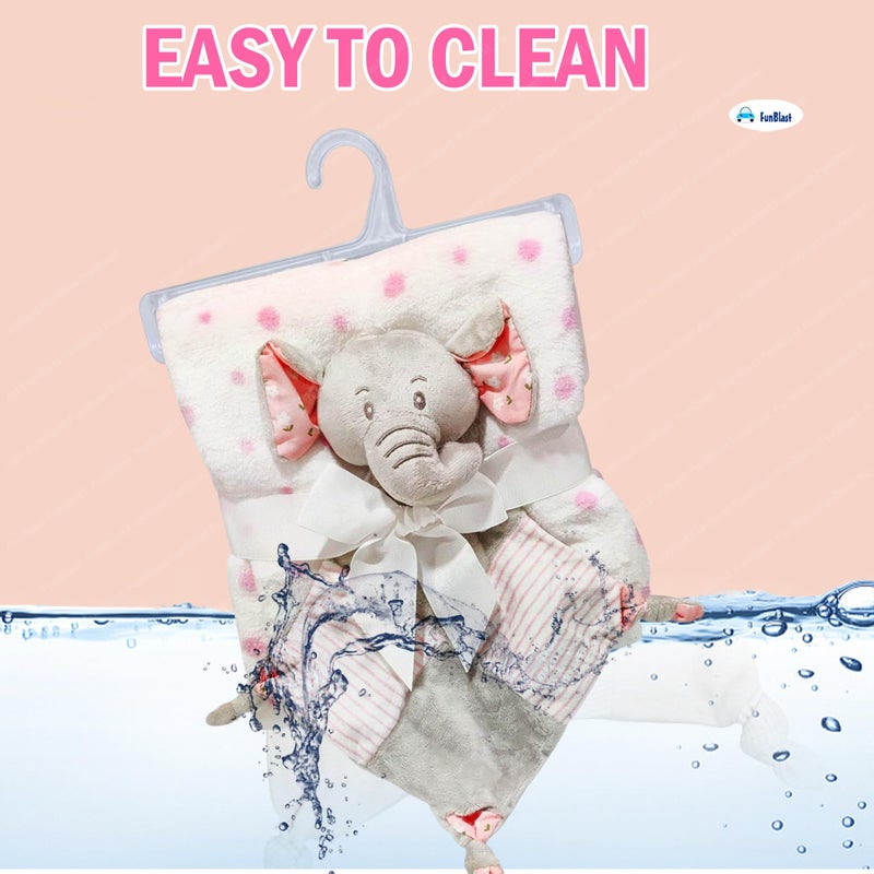 FunBlast Baby Wrap Blanket (90 cm x 74 cm) with Soft Elephant Hanky Rattle - Ultra-Soft, Cozy & Breathable Newborn Swaddle for Boys & Girls, Blanket Gift Set for Infants, 0+ Years (Pink) - Image 4
