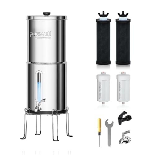 Purewell 1.5G Gravity Water Filter System with Water Level Window, 8-Stage 0.01μm Ultra-Filtration Stainless Steel Countertop System with 4 Filters and Stand, Reduce Fluoride and Chlorine, PW-MKS-CF - Image 1