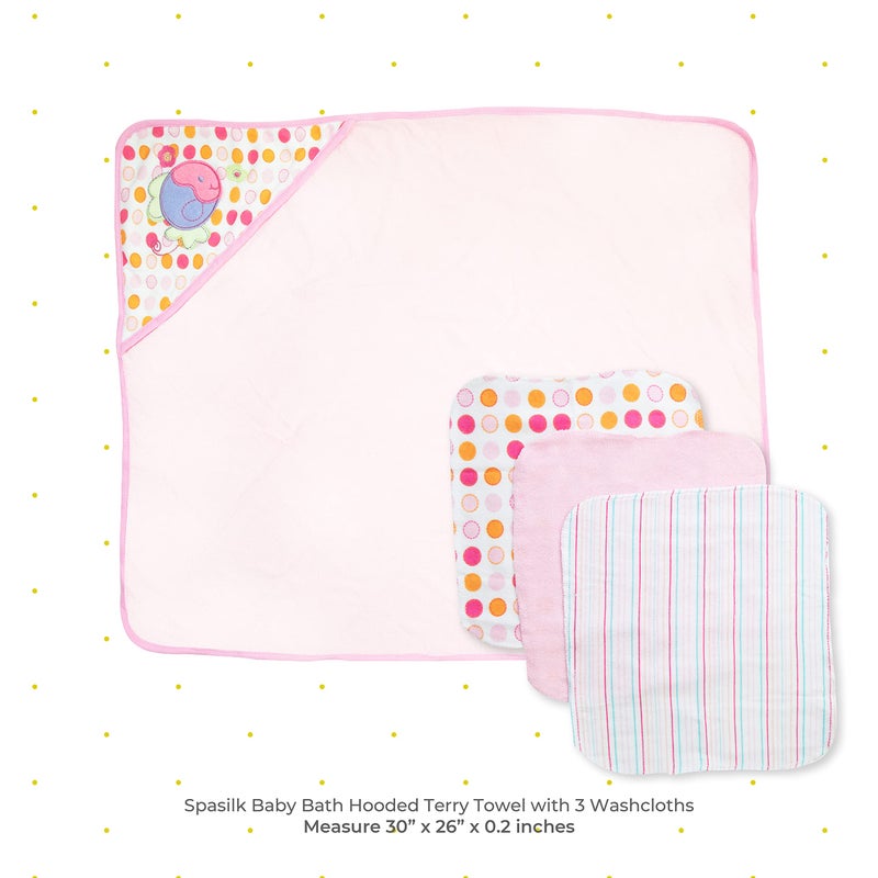 Spasilk Baby Bath Hooded Terry Towel with 3 Washcloths, Baby Bath Essentials, One Size, Pink Fish - Image 2