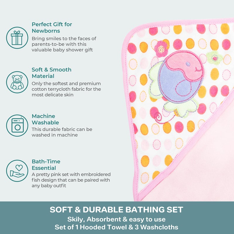 Spasilk Baby Bath Hooded Terry Towel with 3 Washcloths, Baby Bath Essentials, One Size, Pink Fish - Image 4