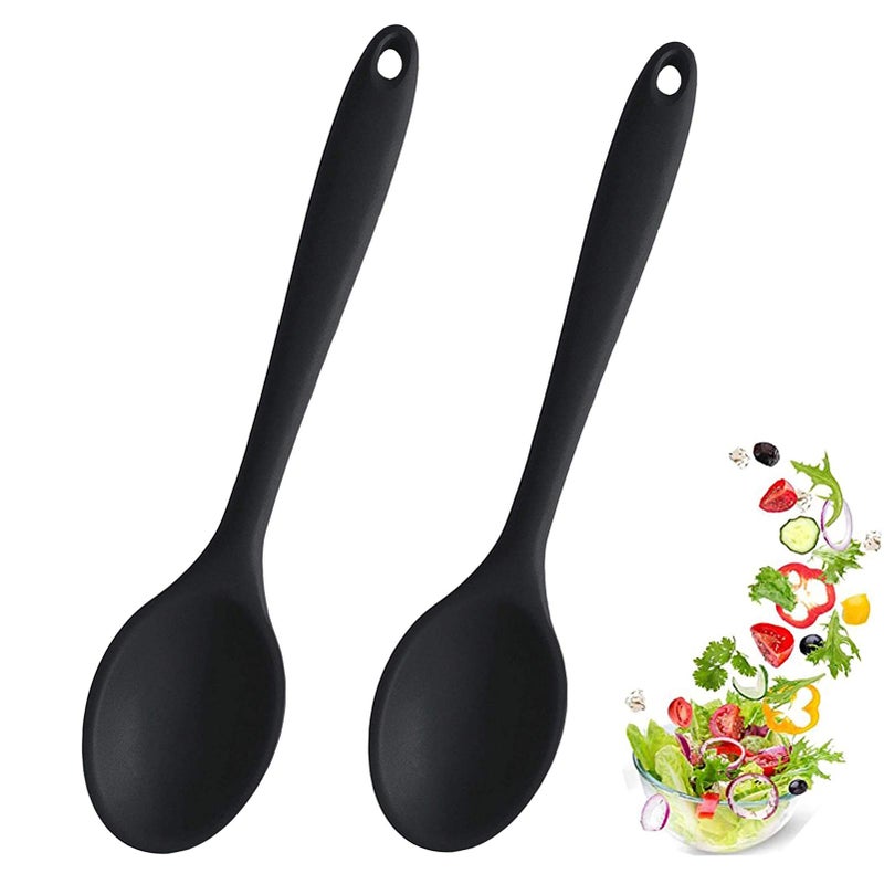 Meajore 2 Pcs Silicone Spoons for Cooking Heat Resistant, Hygienic Design Cooking Utensi Mixing Spoons for Kitchen Cooking Baking Stirring Mixing Tools (Black) - Image 1