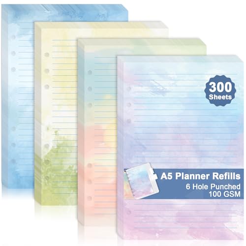 OKWUYiK 300 Sheet Watercolor A5 Refill Paper Planner Inserts for 6-Hole Binder A5 Loose Leaf Lined Refill Paper 100 GSM Notebook Filler Paper 6 Hole Loose Leaf Paper for Budget Planner Journal 5.6" x 8.2" - Image 1