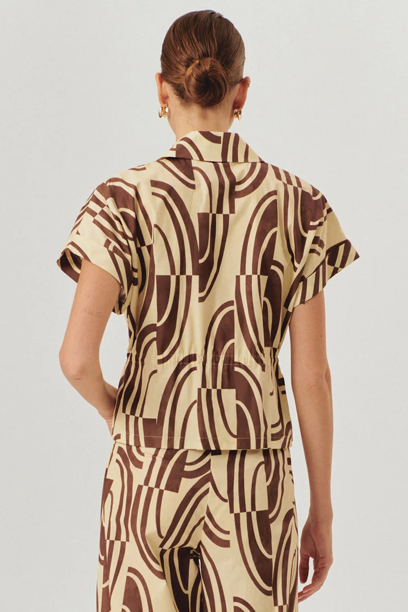 Exquise Lace-Detail Abstract Patterned Coffee-Beige Regular Fit Cotton Shirt