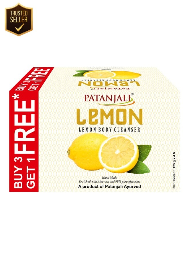 PATANJALI Lemon Body Soap Cleanser - Pack of 4 (125g Each): Refreshing Natural Body Soap Infused with Invigorating Lemon Scent for a Bright Complexion, Deep Cleansing, and Revitalizing Skin Nourishment 