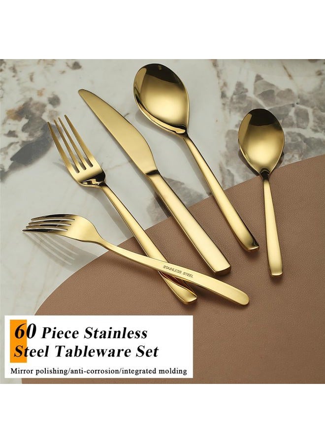 Berglander Gold Silverware Set 60pcs Service for 12, Golden Titanium Plating Stainless Steel Flatware Set, Gold Spoons Forks Knives Set for Home, Wedding, Restaurant, Hotel, Dishwasher Safe - Image 3