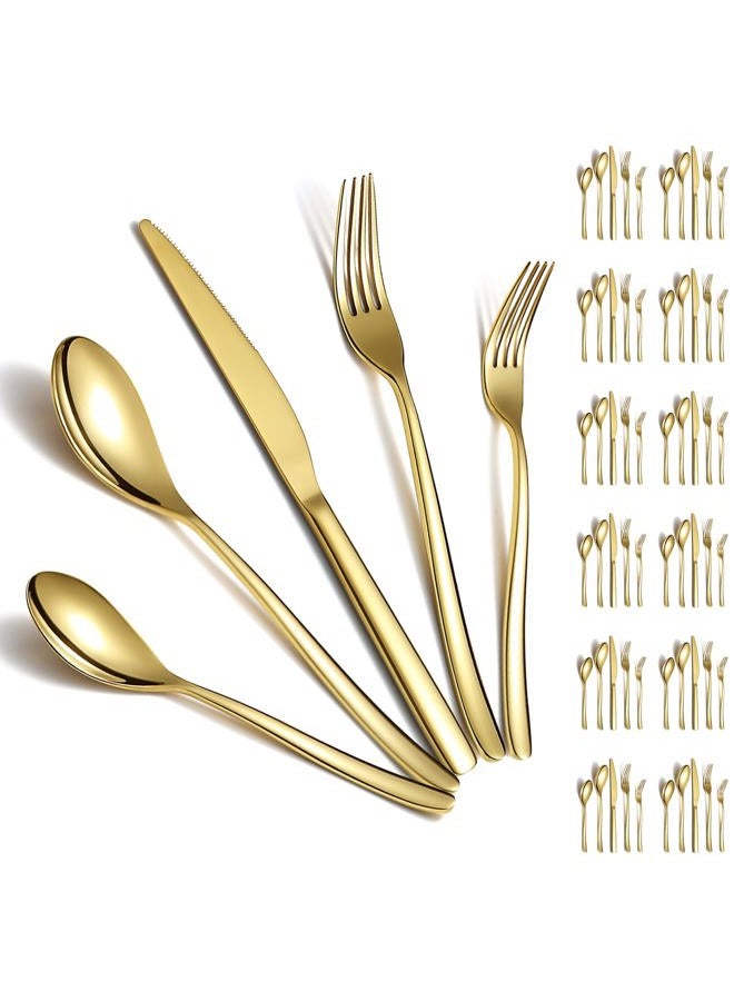 Berglander Gold Silverware Set 60pcs Service for 12, Golden Titanium Plating Stainless Steel Flatware Set, Gold Spoons Forks Knives Set for Home, Wedding, Restaurant, Hotel, Dishwasher Safe - Image 1