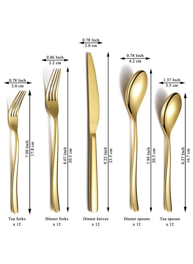 Berglander Gold Silverware Set 60pcs Service for 12, Golden Titanium Plating Stainless Steel Flatware Set, Gold Spoons Forks Knives Set for Home, Wedding, Restaurant, Hotel, Dishwasher Safe - Image 2