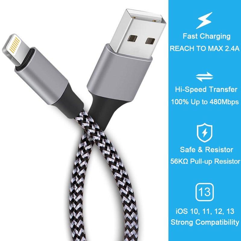 TAKAGI for iPhone Charger, [MFi Certified] Lightning Cable 3PACK 6FT Nylon Braided USB Charging Cable High Speed Transfer Cord Compatible with iPhone 14/13/12/11 Pro Max/XS MAX/XR/XS/X/8/iPad(Black) - Image 2