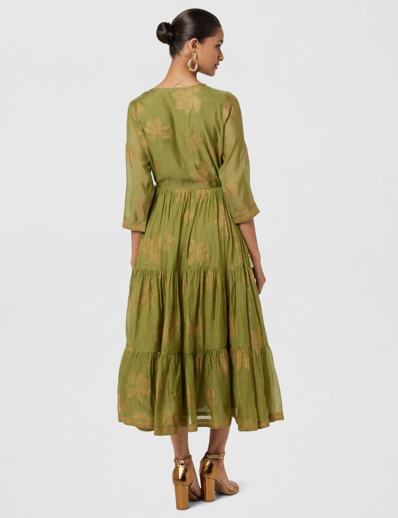 BIBA Women's Below The Knee A-Line Dress Printed Mix and Match(Festive 1957_Green_38) - Image 3