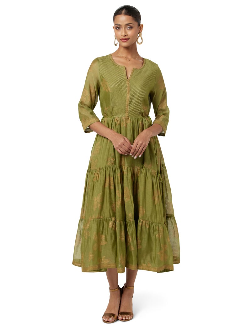 BIBA Women's Below The Knee A-Line Dress Printed Mix and Match(Festive 1957_Green_38) - Image 1