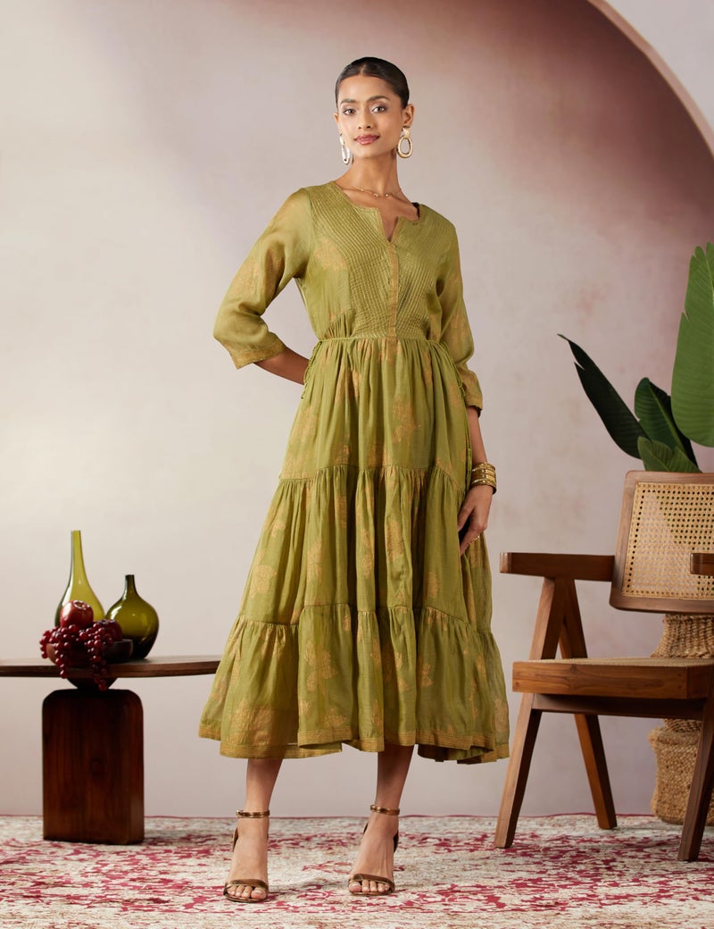 BIBA Women's Below The Knee A-Line Dress Printed Mix and Match(Festive 1957_Green_38) - Image 2