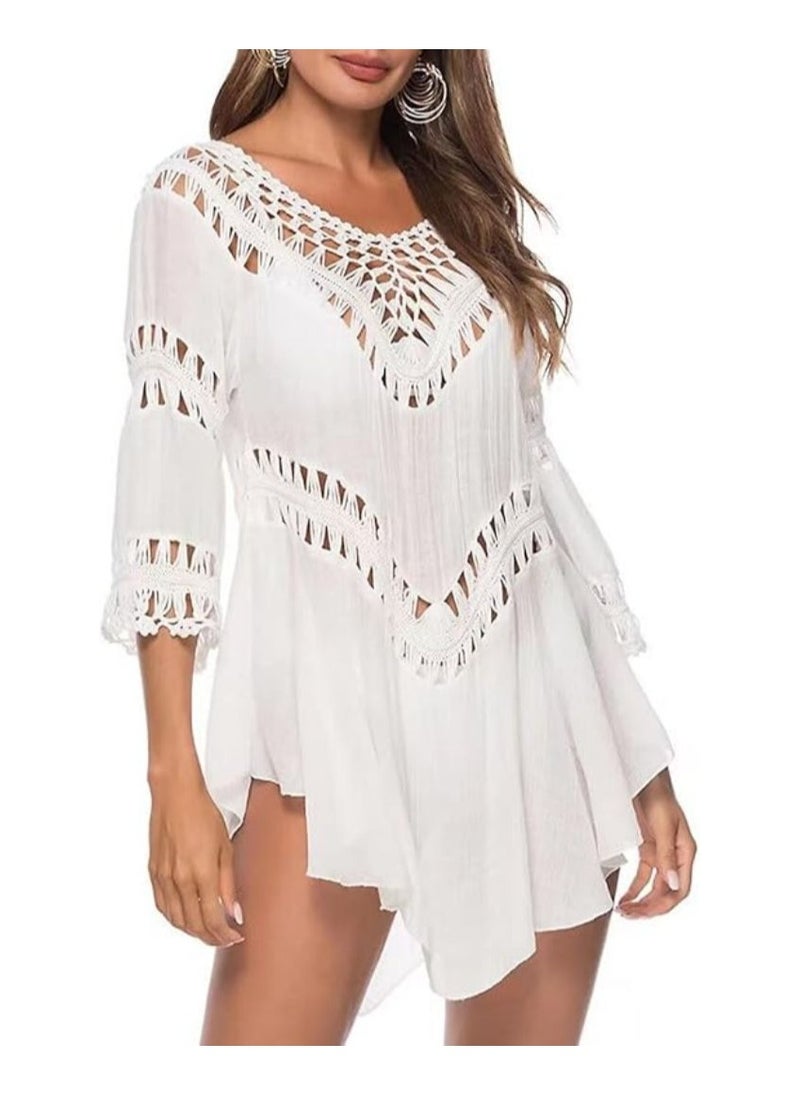 NADANBAO Women Swimsuit Cover Up, Half Sleeve Bikini Cover-up, Hollow Embroidery Floral Lace Beach Dress, Beach Swimwear - Image 2