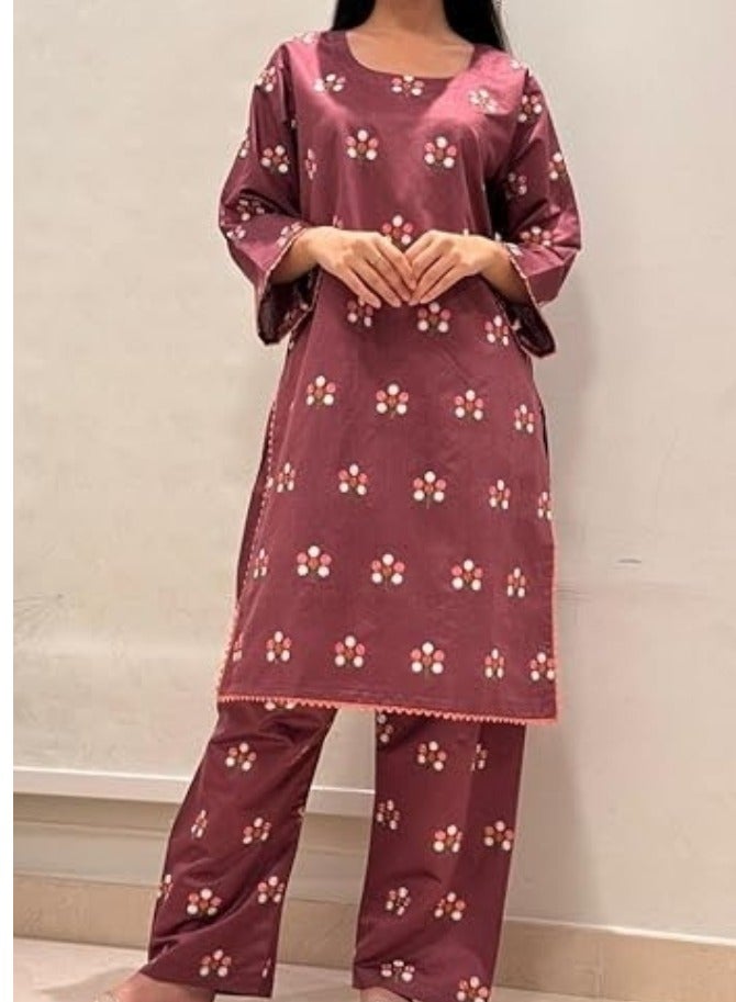 Winchell's Pakistani Women's Maroon Floral Print Salwar Kameez Set with Fuchsia Purple Accents - Cotton Silk Sleeve Kurta & Pants - Medium  - Image 2