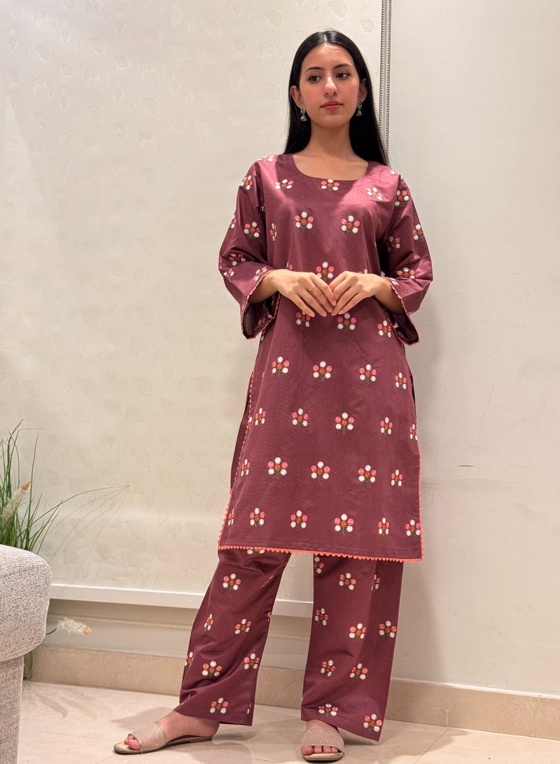 Winchell's Pakistani Women's Maroon Floral Print Salwar Kameez Set with Fuchsia Purple Accents - Cotton Silk Sleeve Kurta & Pants - Medium  - Image 1