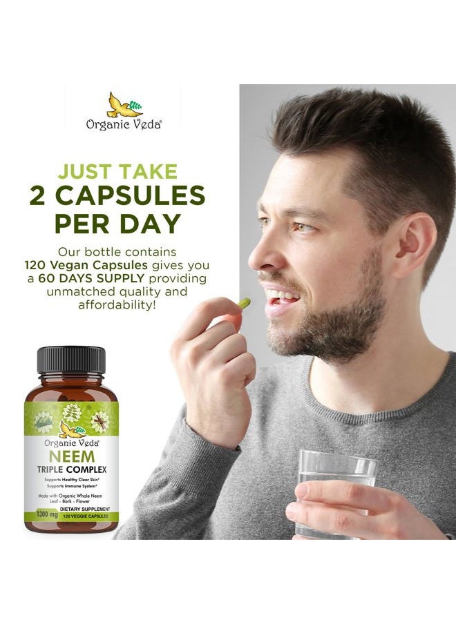 Neem Capsules with Triple Complex Neem Leaf Extract, Bark & Flower - Herbal Neem Supplement Boosts Immunity, Improves Digestion, Skin Health & Support Cleansing - 120 Count