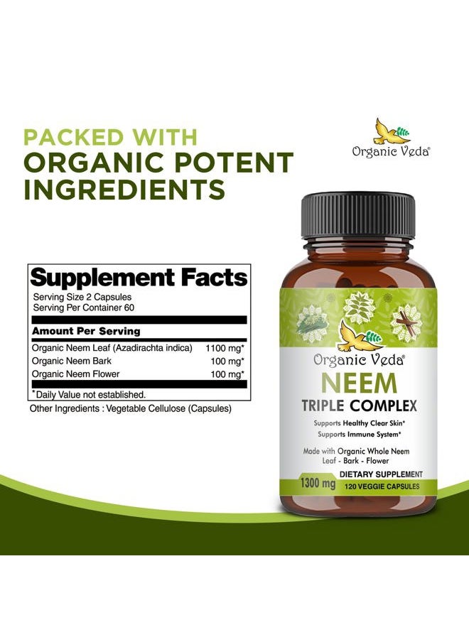 Neem Capsules with Triple Complex Neem Leaf Extract, Bark & Flower - Herbal Neem Supplement Boosts Immunity, Improves Digestion, Skin Health & Support Cleansing - 120 Count